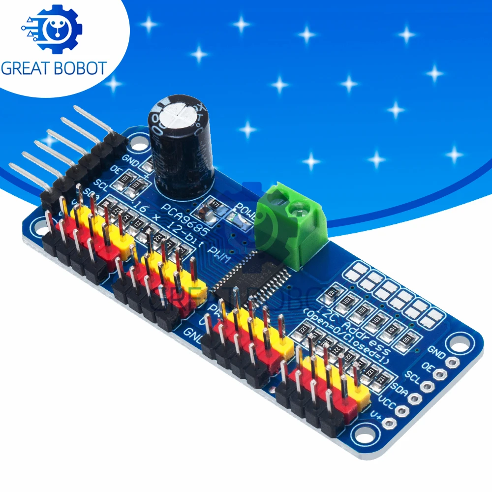 Controlador servo PWM/servo BS de 16 canales y 12 bits, interfaz I2C, PCA9685 para Arduino Raspberry Pi, módulo Servo Shield DIY