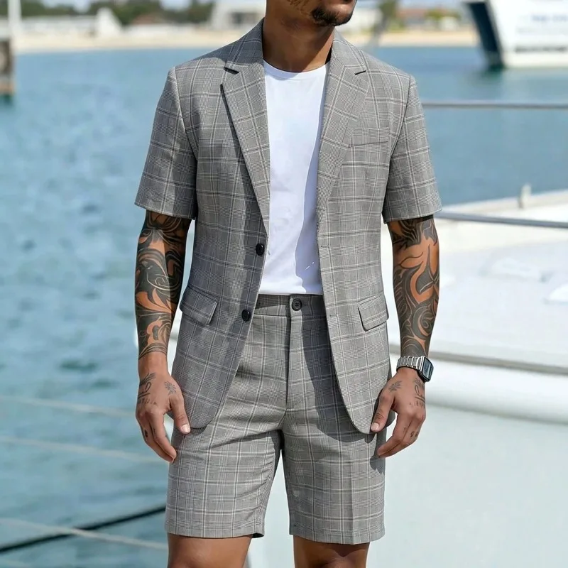 Men’s Plaid 2 Piece Summer Suit Set – Short Sleeve Blazer & Matching Knee Length Shorts, Casual Daily Business Vacation Formal