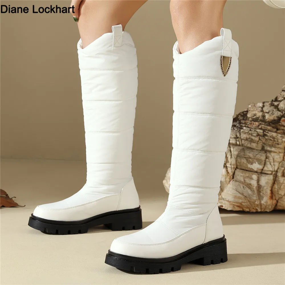 

Down Women's Winter Snow Boots Black White Warm Fur Plush Knee High High Boot Casual Low Heel Fashion Long Rain Shoes Waterproof