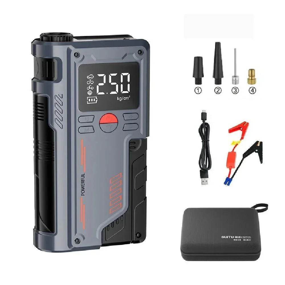 Démarreur de voiture 8000mAh 4 en 1 avec compresseur d'air, gonfleur de pneus, booster de batterie portable, power bank USB, démarreur d'urgence LED 12V pour véhicule