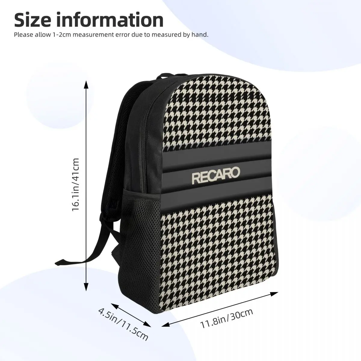 사용자 정의 Recaroes 좌석 Houndstooth 배낭 소녀 소년 대학 학교 여행 가방 남성 여성 Bookbag 15 인치 노트북에 적합