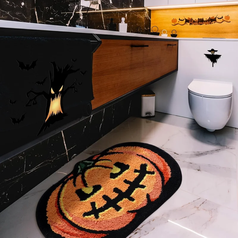 VIKAMA Halloween Pumpkin Head Shaped Bath Mat Soft Fluffy Non‑Slip Water Absorbent Bathroom Floor Mat Holiday Home Decor