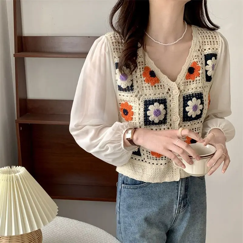 Granny Square Crochet Button-up Top Long Sleeve Sheer Open-knit Crop Cardigan for Women Teengirl Fairycore Vintage Outfit