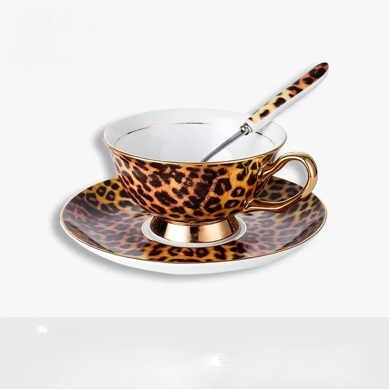 

Leopard Print Coffee Cup and Plate Set for Gift, Exquisite Bone China, High-end Feeling, Afternoon Tea Set
