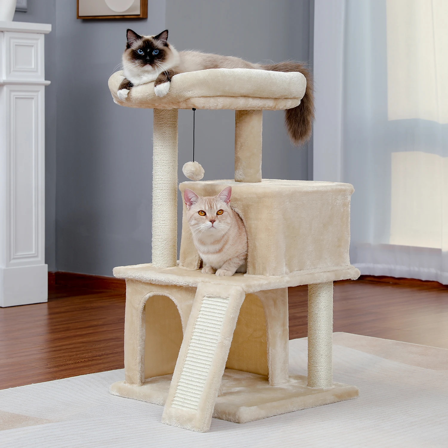 

Pet Cat Tree House Soft Plush Fabric Natural Sisal Scratching Posts for Kitten Tower with Beds Protecting Furniture