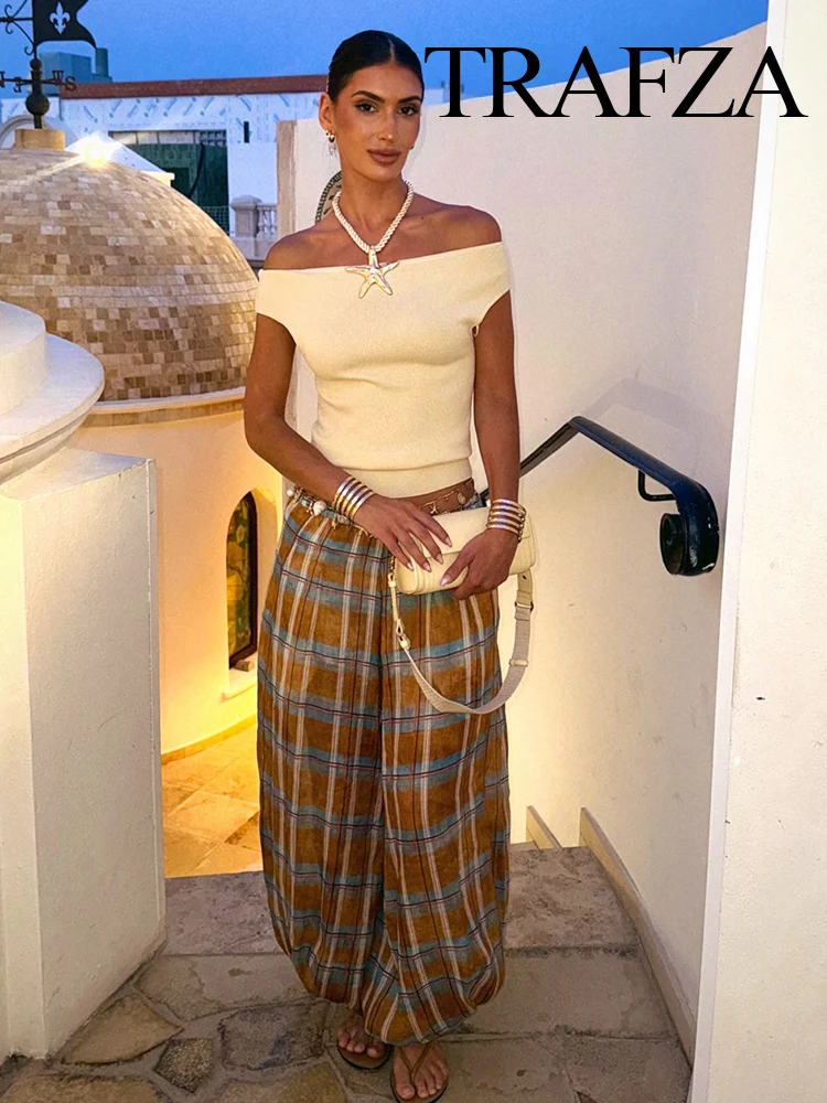 

TRAFZA Women's Autumn Fashion Ramie Bloomers Plaid Printed Loose Pants Female High-Waist Drawstring Streetwear Casual Trousers