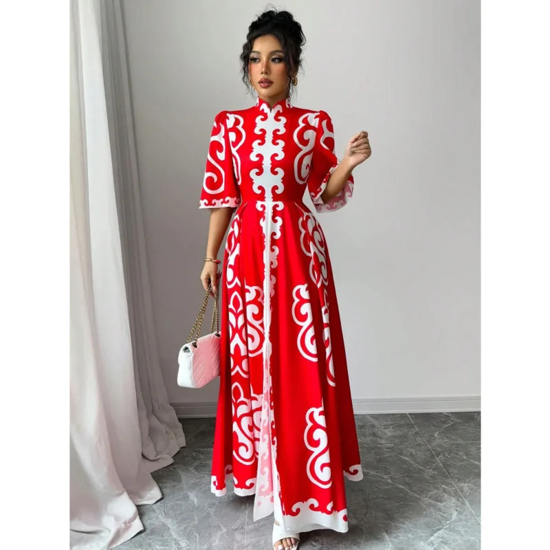 Woman Clothes Red Cheongsam Collar Loose Fit Floral Dress Ethnic Style Dress African Dress Elegant Long Dress