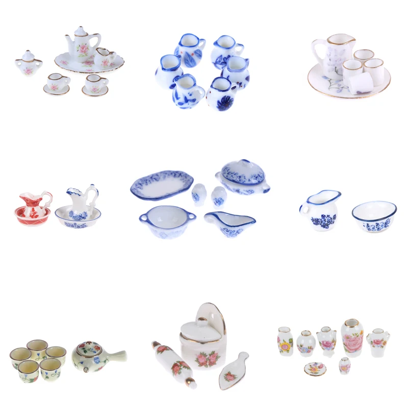 1 Set Cute Blue Mini Dollhouse Ceramic Printing Tableware Bowl Food Dishes Plates Tea Cup Set Kitchen Dollhouse Furniture Toys