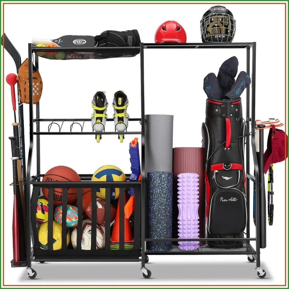

Heavy Duty Rolling Sports Organizer with Wheels - Golf Bag Storage Rack, Ball Bins & Hooks for Garage, Black Large