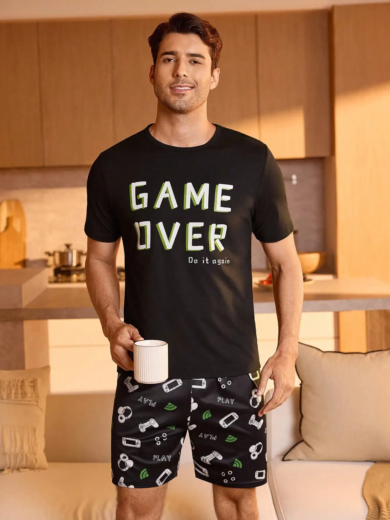 

Men's Black Graphic Print Pajama Set with Gaming Theme