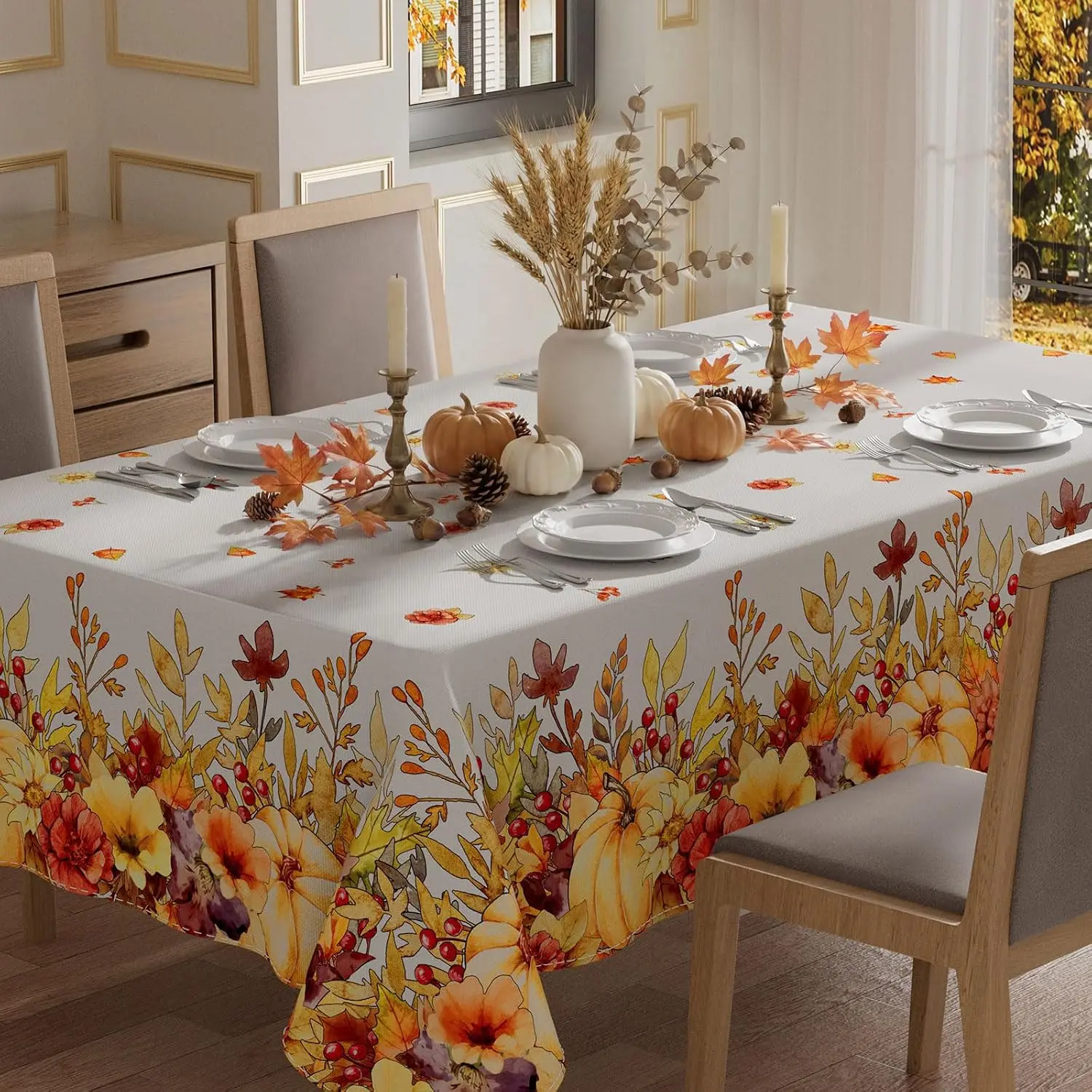 Fall Harvest Pumpkin Maple Leaf Rectangle Tablecloth for Table Decor Reusable Kitchen Dining Tablecloth Autumn Decorations