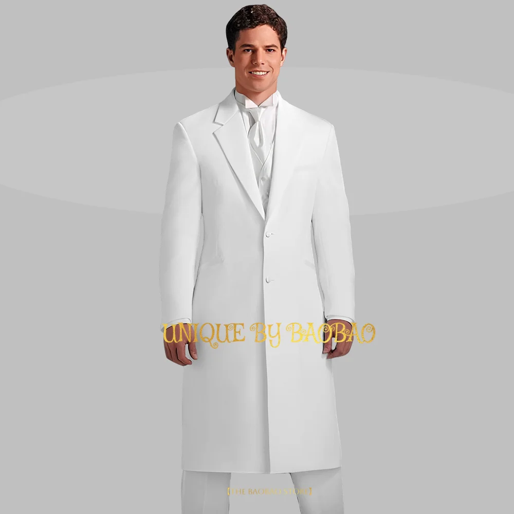 Men\'s Long Duster 2-piece Tuxedo (Jacket + Pants) Nice Vintage White 2 Button Coat for Winter Wedding Groom Prom Party Xmas