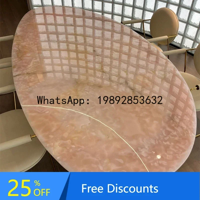 

pink crystal luxury stone dining table Italian style natural marble round table