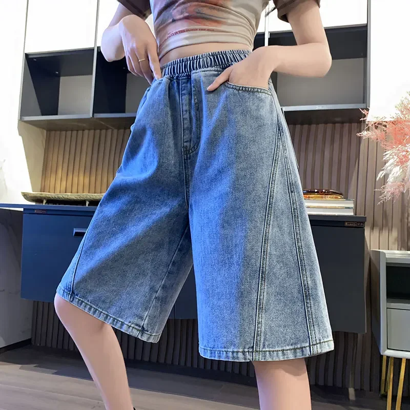 

Large Size Denim Shorts Women Summer 2025 New High Elastic Waist Casual Blue Color Jean Shorts Big Size Women's Jeans Shorts