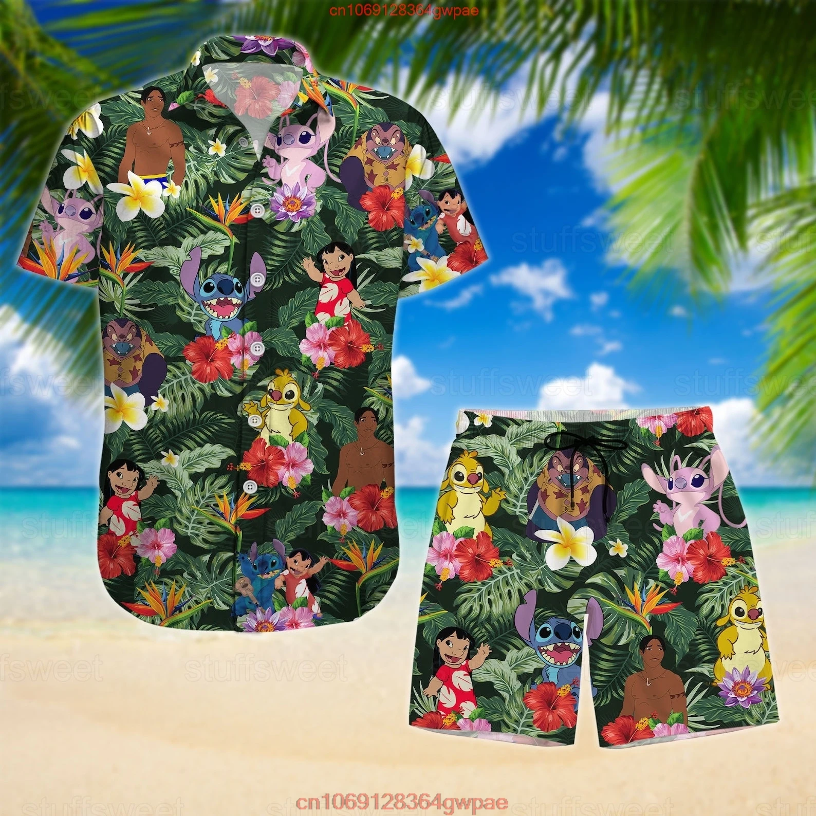 Disney Stitch Men Women Hawaiian Shirt Set of 2 Vintage Button Up Shirt Board Shorts Casual Set Summer Disney Hawaiian Shirt Set