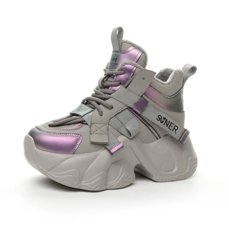 

2023 Новые кожаные ботильоны высотой 8 см, осенние женские туфли на танкетке на платформе, зимние плюшевые массивные кроссовки, осенне-зимняя прогулочная обувь