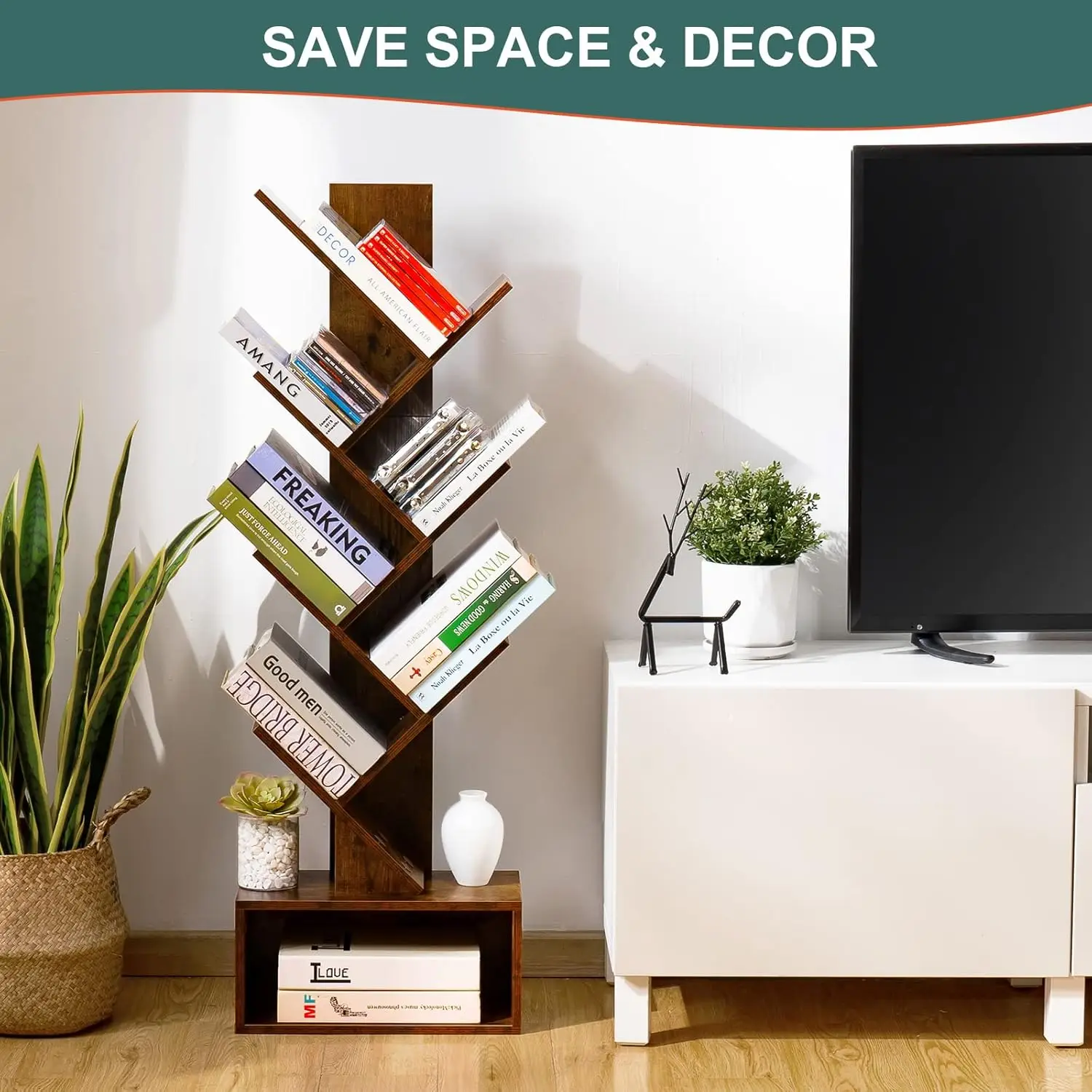 Yoobure Tree Bookshelf - 6 Shelf Retro Floor Standing Bookcase, Tall Wood Book Storage Rack forBooks