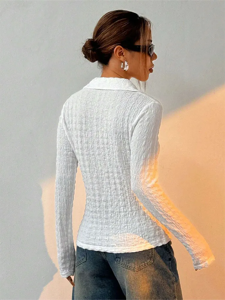 جديد المرأة تي شيرت ربيع الموضة الشارع الشهير زر طويلة الأكمام بدوره إلى أسفل طوق عادية سليم تيز الصلبة مثير ملابس أنيقة