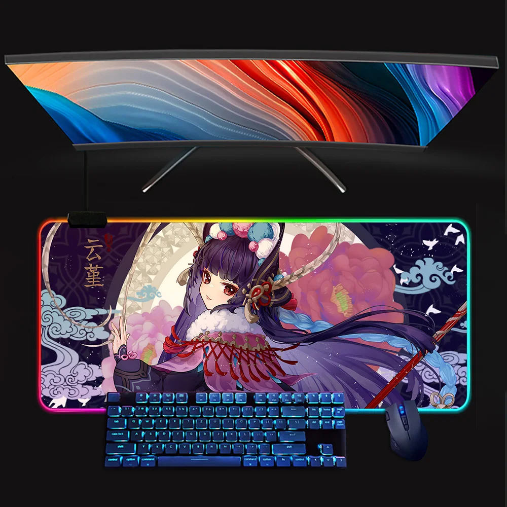 Yun Jin Genshin Impac RGB Pc Gamer Keyboard Mouse Pad Mousepad LED Glowing Mouse Mats Rubber Gaming Computer Mausepad