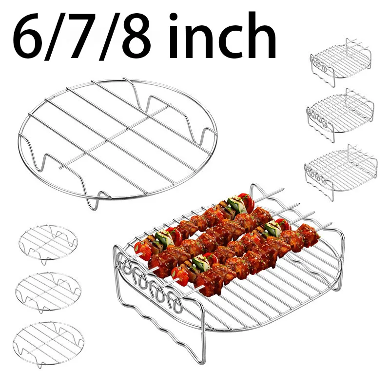 Quadratisches Heißluftfritteuse-Gitter 6/7/8 Zoll, Zubehör für Heißluftfritteusen, Grillhalter mit Spießen, Metall-Ofenbackhalter, Topf-Dampfgitter