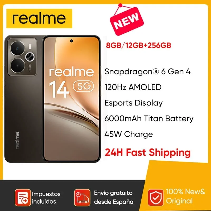 Smartphone realme 14 5G, Snapdragon 6 Gen 4, écran AMOLED Esports 6,67'' 120Hz, batterie Titan 6000mAh, charge 45W, IP69