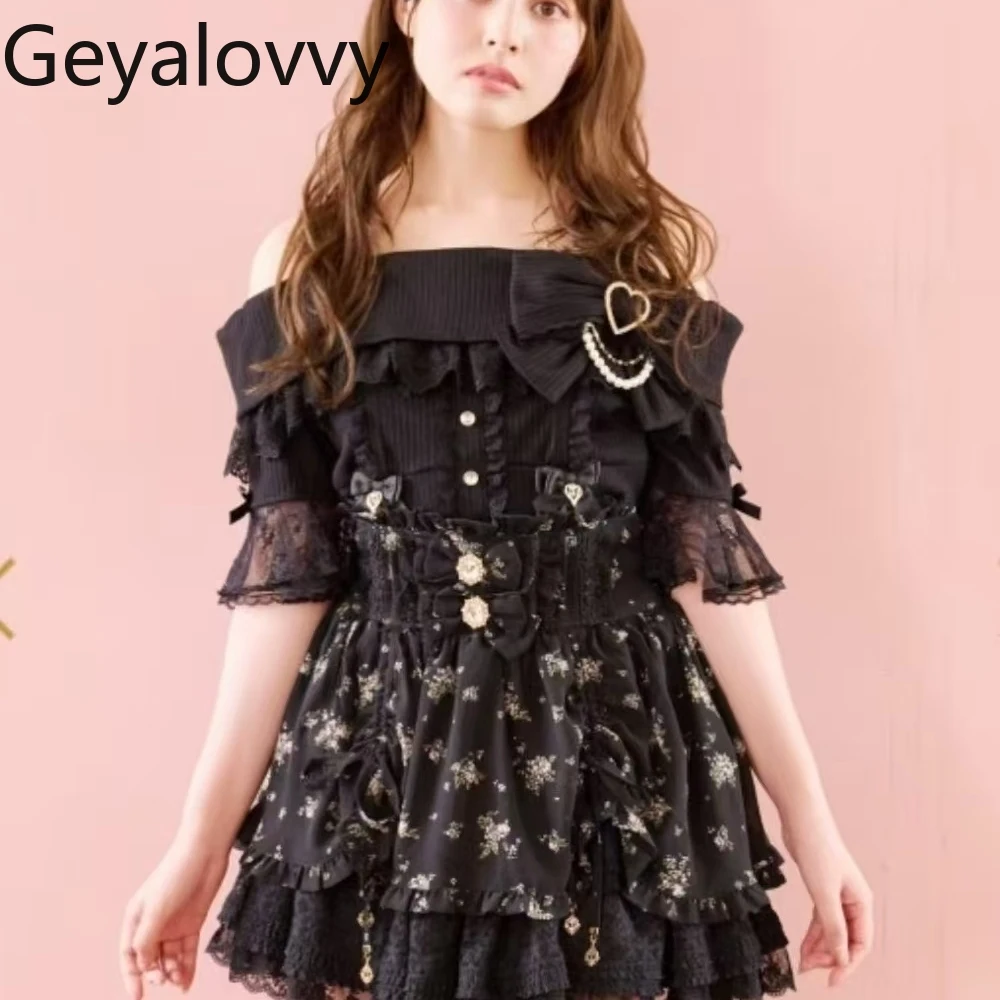 Japanese Style Liz Cute Sweet Girl Retro Print Lace-up Drawstring Short Skirt Summer New Bow Lace High Waist Mini Skirts