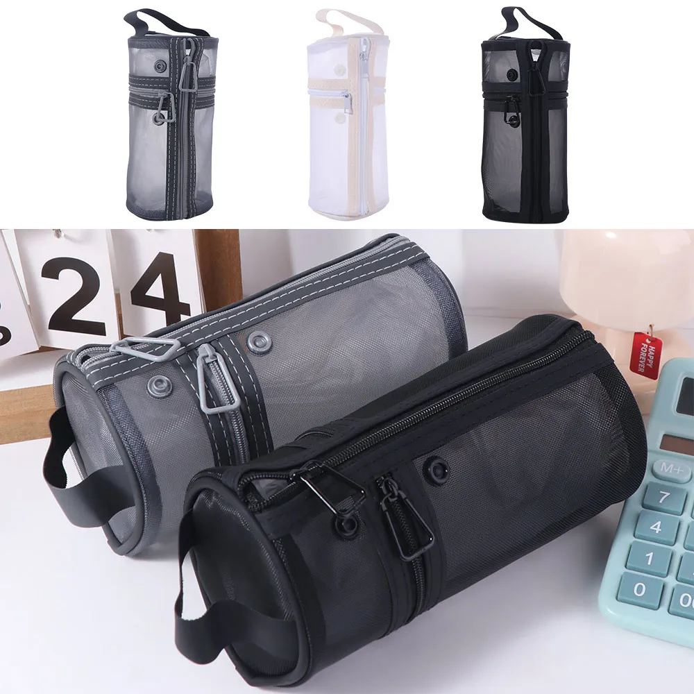Simple Makeup Brushes Storage Bag Large Capacity Vertical Mesh Pen Holder Bag Solid Color Portable Stationery Storage Organizer