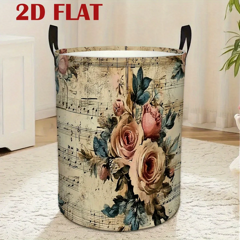 Large Round Storage Basket with Vintage Musical Note Rose Heavy Duty Foldable Hamper Suitable for Clothes Books Portable
