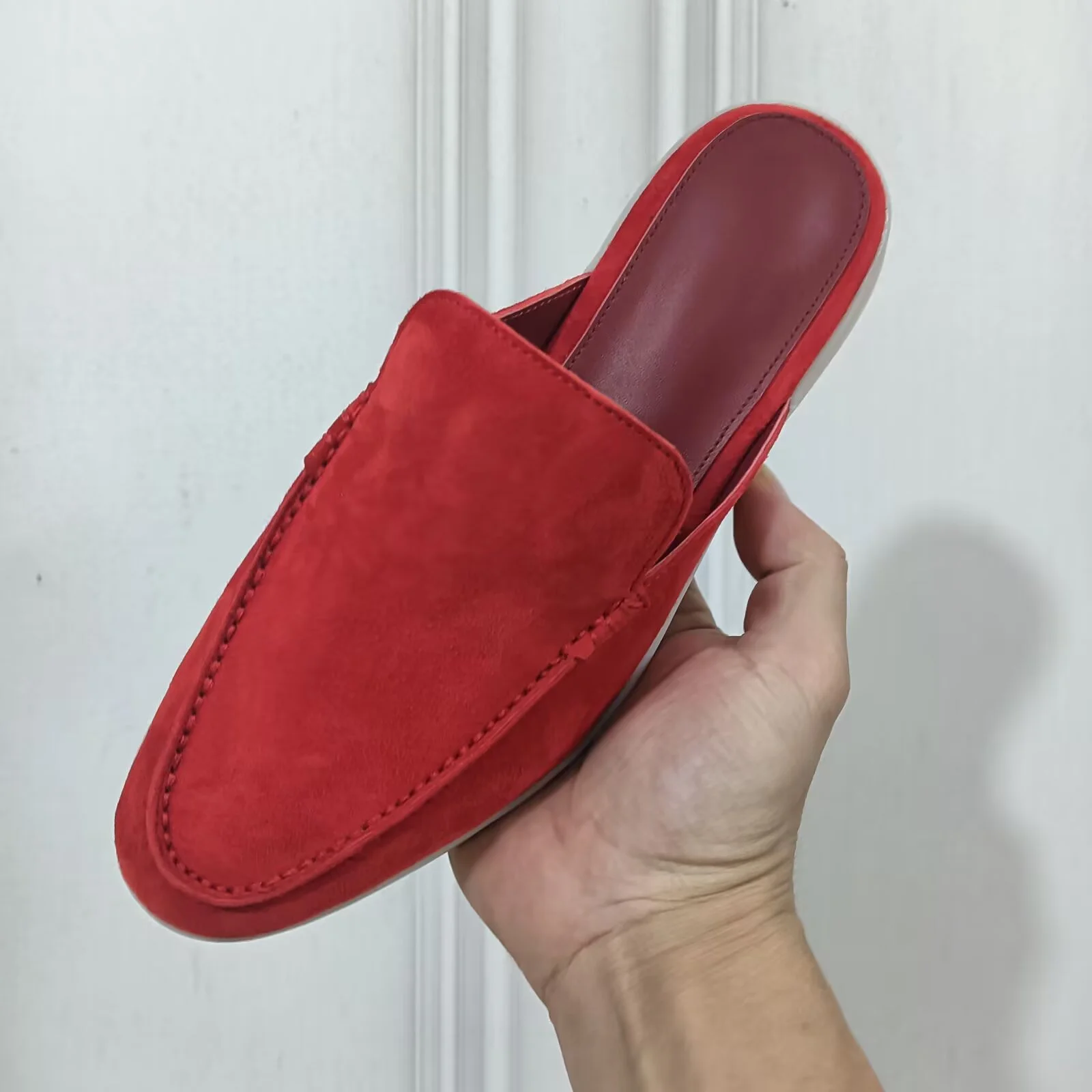 

Large Size Summer Mule shoes Cashmere Sheepskin velvet Classic Flat woman slippers All genuine leather Men's slippers