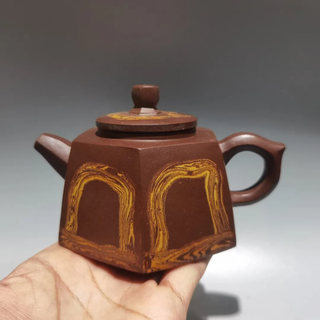 Purple teapot Yixing Purple Clay Teapot Multi colored door pattern Six sided pot Flat pot Amass wealth Ornaments Kettle Teapot
