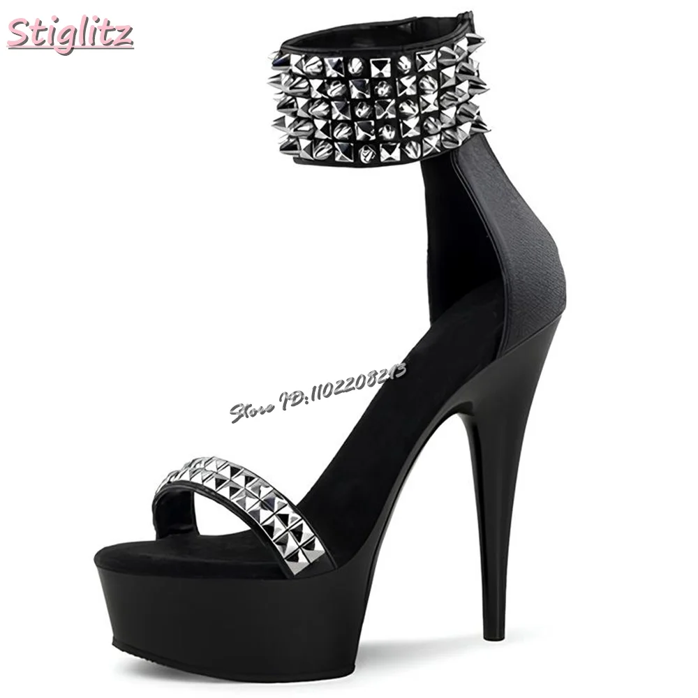 Studded Platform High Heel Sandals Round Toe Rivet Ankle Buckle Strap Stiletto Heels Satin Party Club Fashion Women Shoes 2026