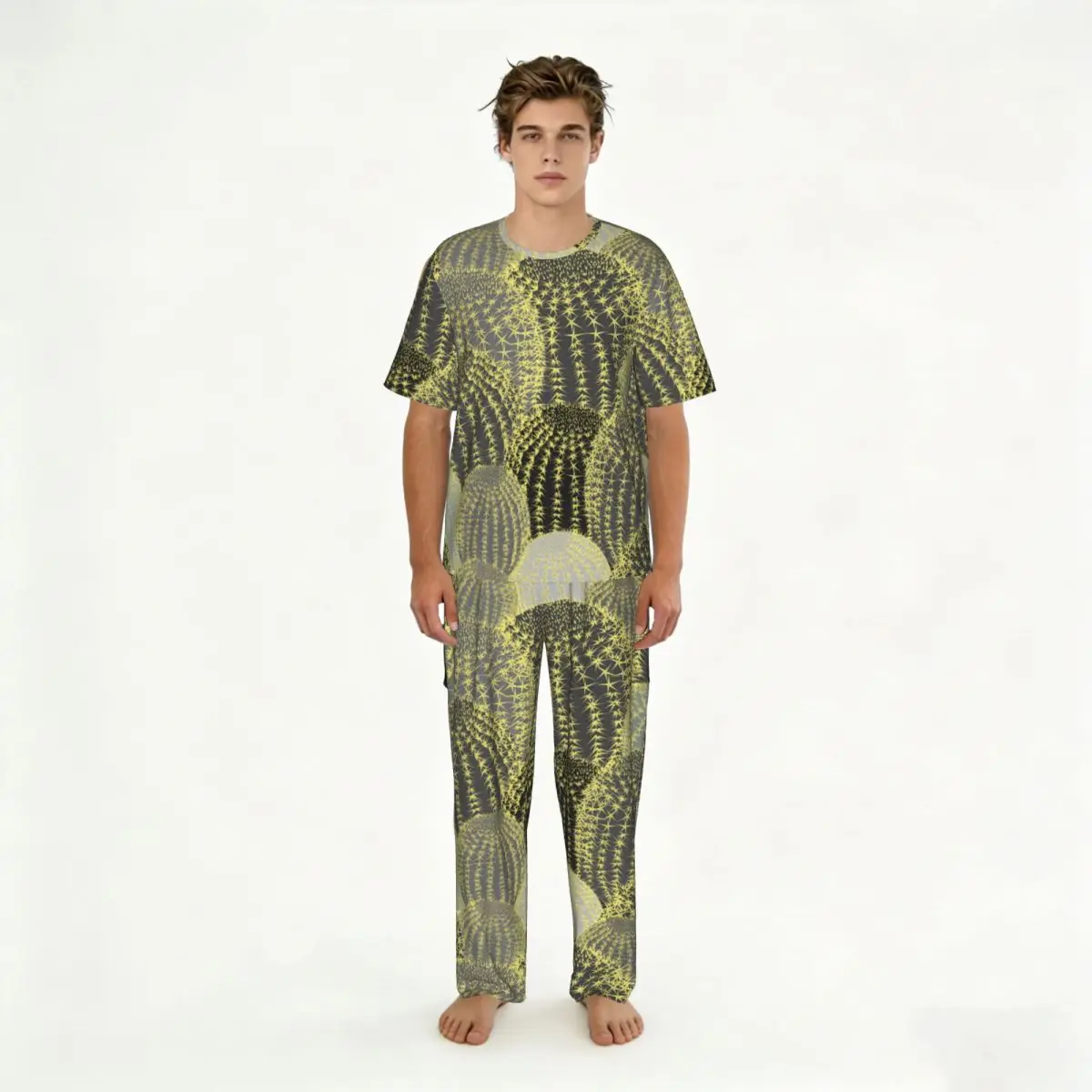 

Men's Pajamas Set Summer Short-Sleeve Tops + Long Pants Nightwear Home Wear Suits Cactus Pattern Sleepwear