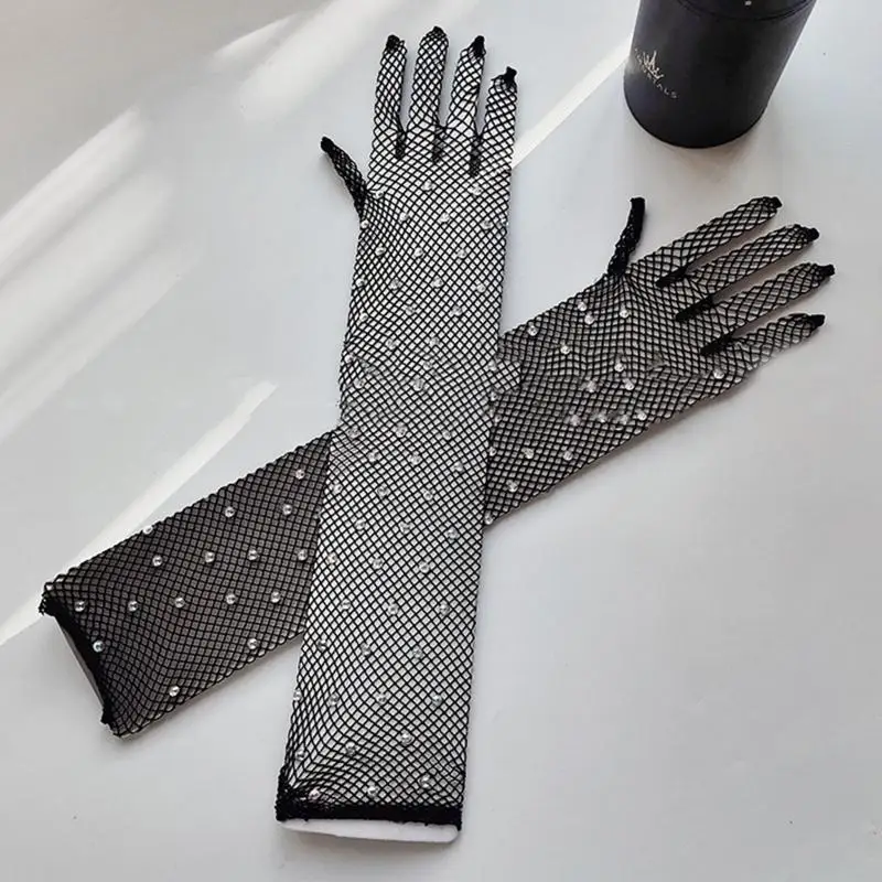 P88A Frauen Fishnet -Handschuhe mit Strassfischnetz Netzarm Langarm funkelnd