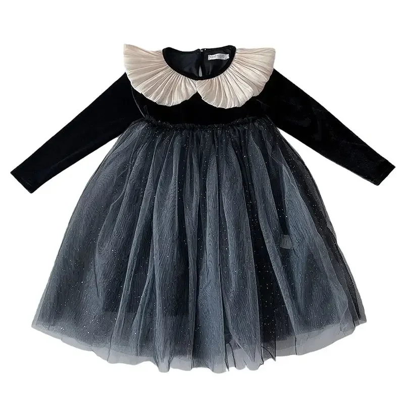 Fashionable Net Yarn Black Kids Princess Party Dresses Velvet Splicing Doll Collar Korean Children's Clothing Girl Long Sleeve