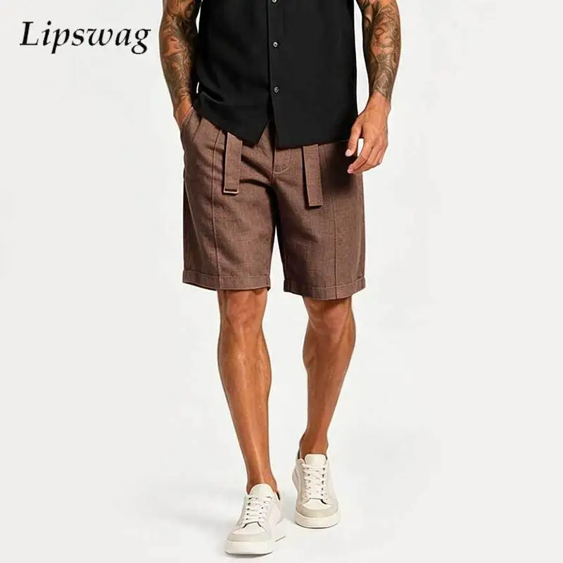 2026 Summer Daily Leisure Breathable Shorts Mens Vintage Pleated Lace-up Shorts Stylish Men Solid Color Straight Shorts Vacation