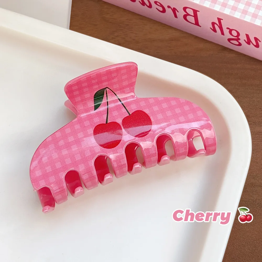 

Новая клетчатая заколка с вишней, модная акриловая заколка для волос, зажим для хвоста, зажим в виде акулы, заколка для волос, средние полукруглые аксессуары для волос