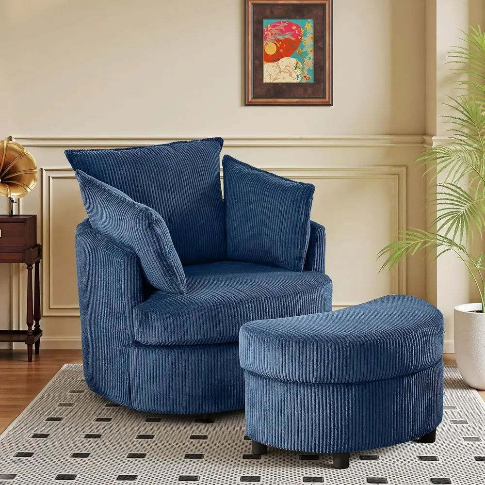 360° Swivel Corduroy Accent Chair with Ottoman for Comfortable Reading or Living Room in Blue