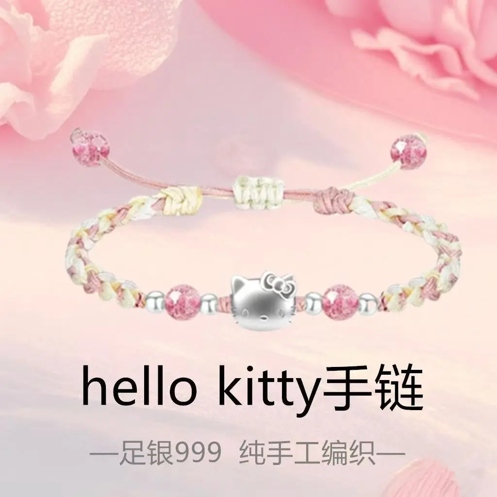 

999 Sterling Silver Hello Kitty Handmade Braided Rope Kawaii Best Friend Style Red Rope Birthday Gift