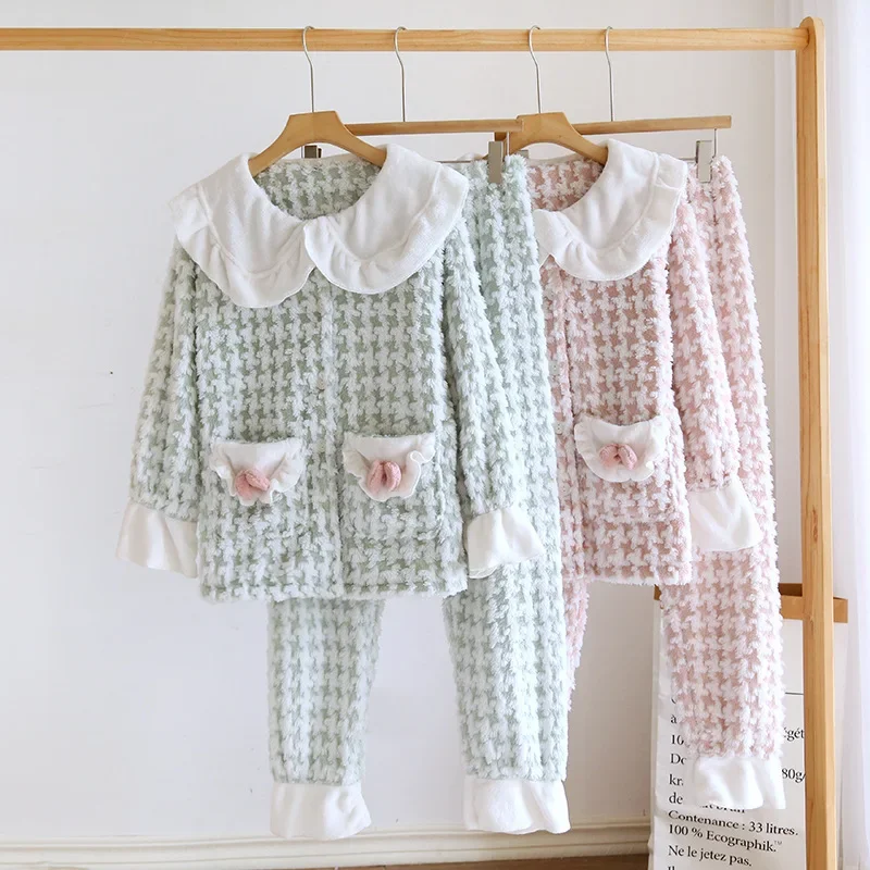

2023 New Autumn/Winter Women's Coral Fleece Pajama Set Cute, Fresh, Casual, Thickened Flannel Home Two Piece Set Pajama