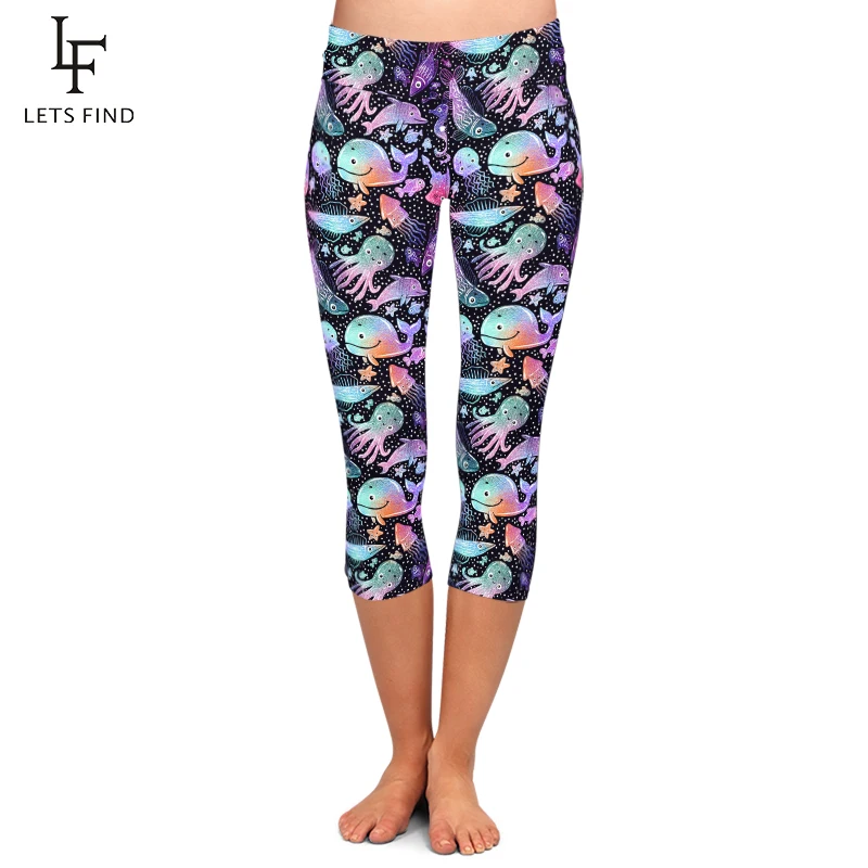 LETSFIND Summer High Waist Women Fitness Elastic Capri Legging 3D Marine Animals Print Girls Sexy Stretch Mid-Calf 3/4 Pants