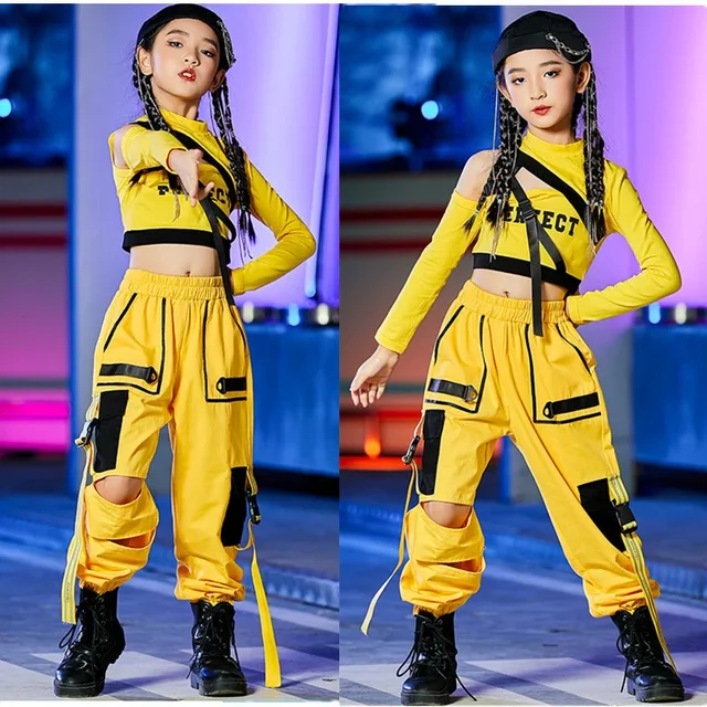 Dziewczęce kostiumy do tańca hip-hopowego Dzieci Żółte stroje Jazz Street Dance Wear Ballroom Hiphop Rave Clothes Kostiumy do tańca scenicznego