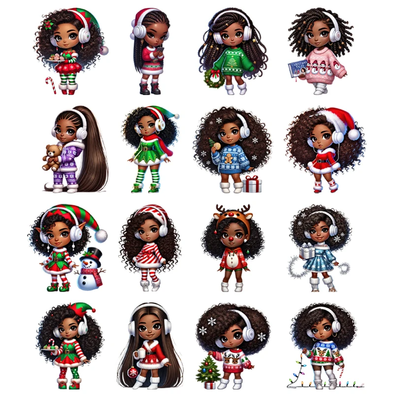 Cool Girl Afro Black Woman Christmas snowman Fashion African Female Xmas Santa DTF Transfer Sticker Ready To Press For Garment