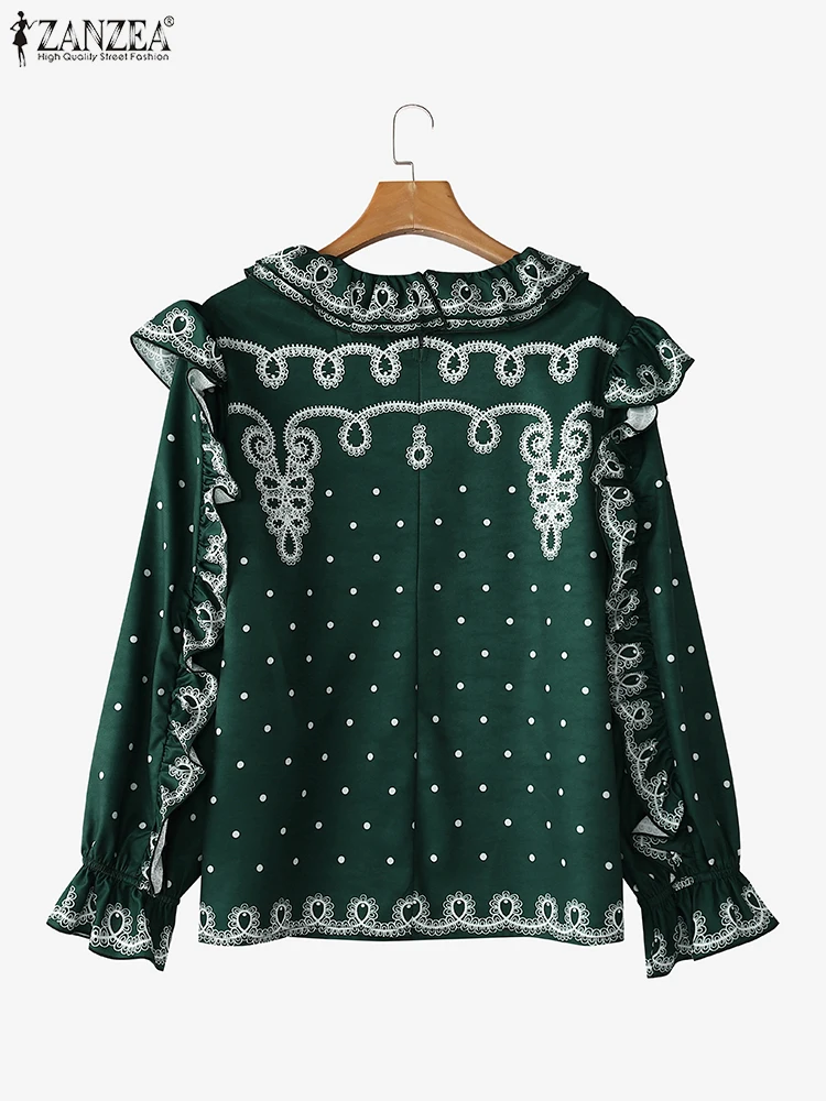 ZANZEA 2024 otoño camisas Vintage blusa de lunares mujeres borde con volantes encaje costura Tops vacaciones solapa cuello túnicas de fiesta