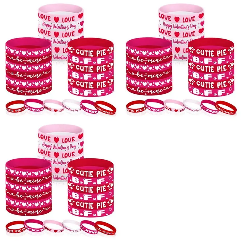 Stylish-72Pcs Valentine's Day Party Favors Silicone Bracelets Pink Red Love Heart Wrist Bands For Kids Adults Gift (6 Designs)