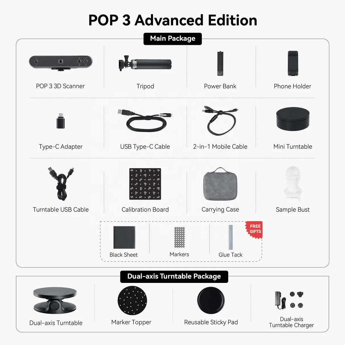 Revopoint جاهز لشحن POP 3 عالي الدقة 0.05 مم ماسح ليزر ثلاثي الأبعاد محمول للطابعة FDM LCD المكتبية ثلاثية الأبعاد