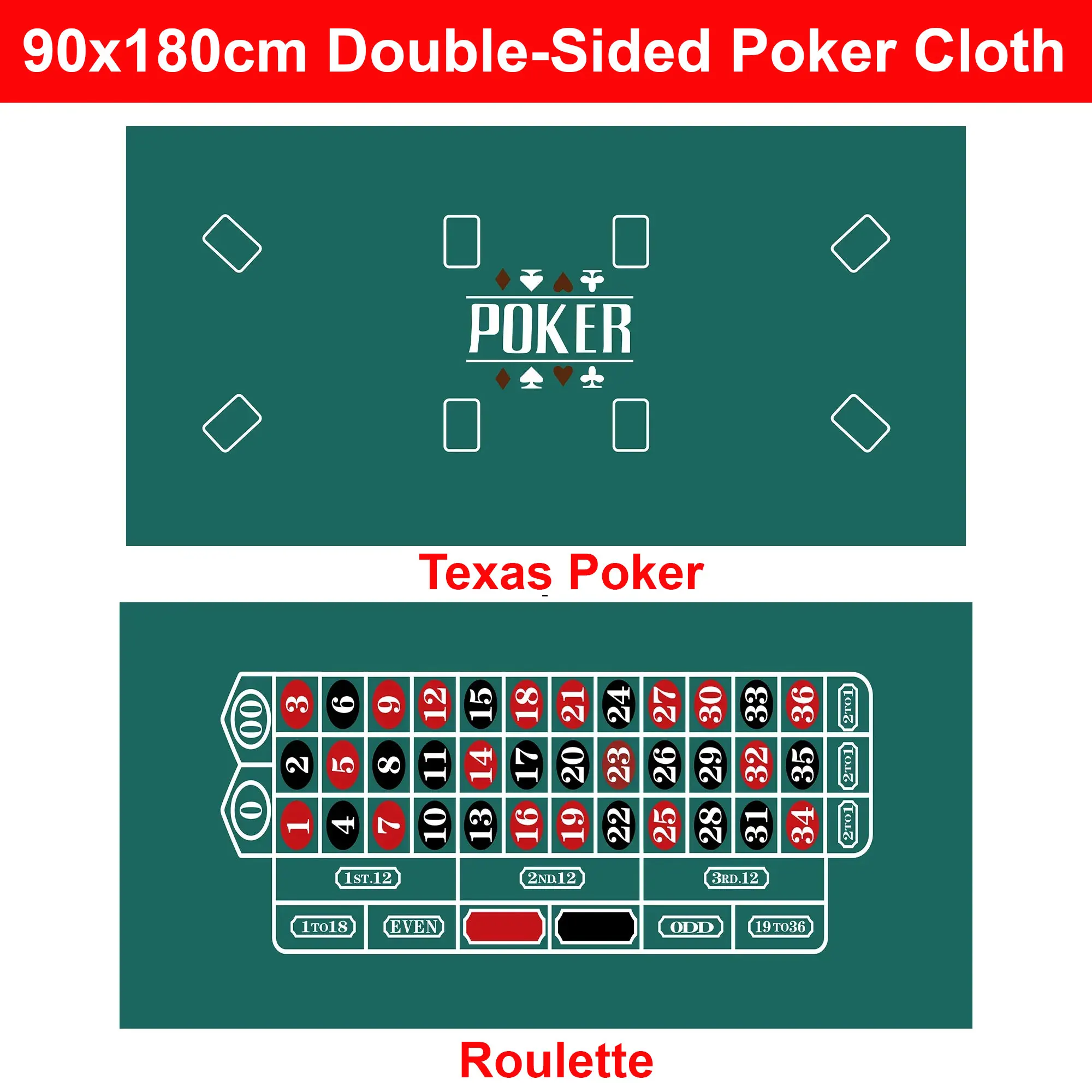 90x180cm Double-Sided Poker Table Cloth Non-Woven Poker Table Mat Texas Hold 'em Baccarat Roulette Casino Entertainment