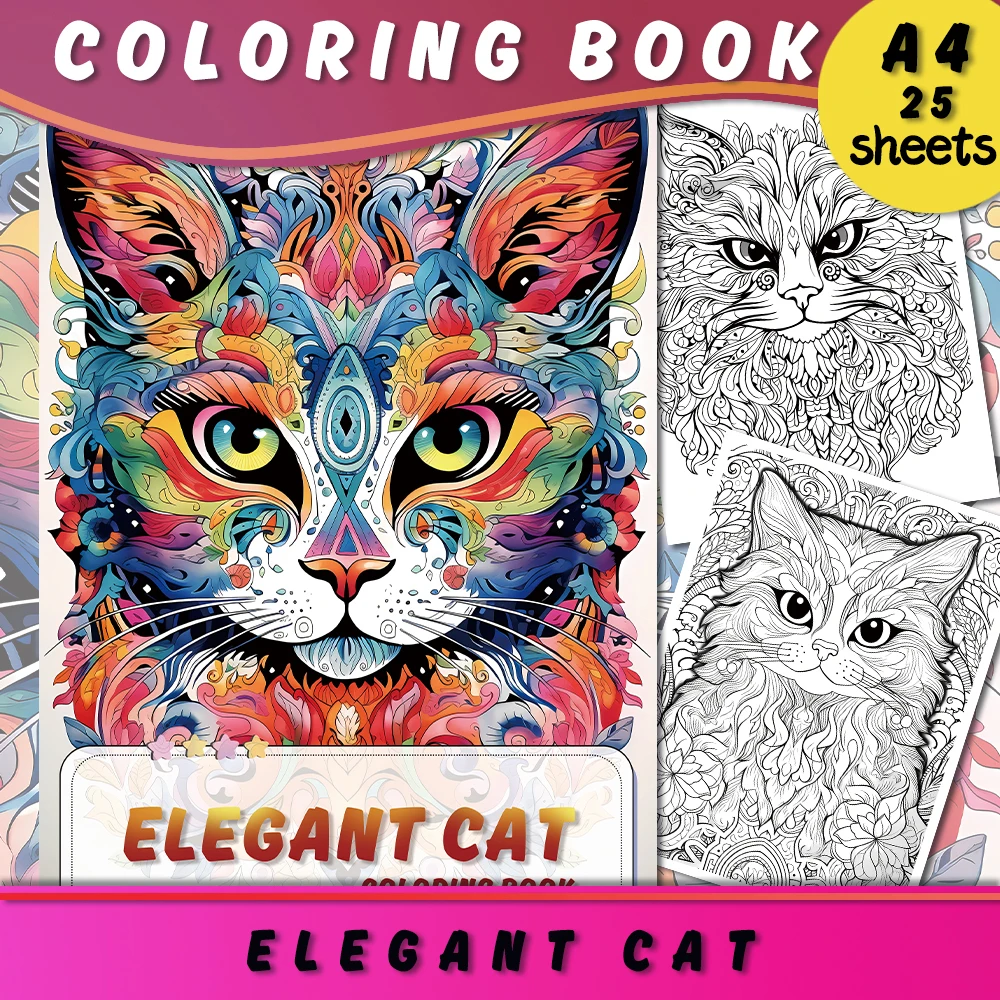 1pc,A4 Teenagers Coloring Book ,Meow Coloring Book,25 Different Patterns,100gsm Thick Paper,Stress Relief,Birthday Gift