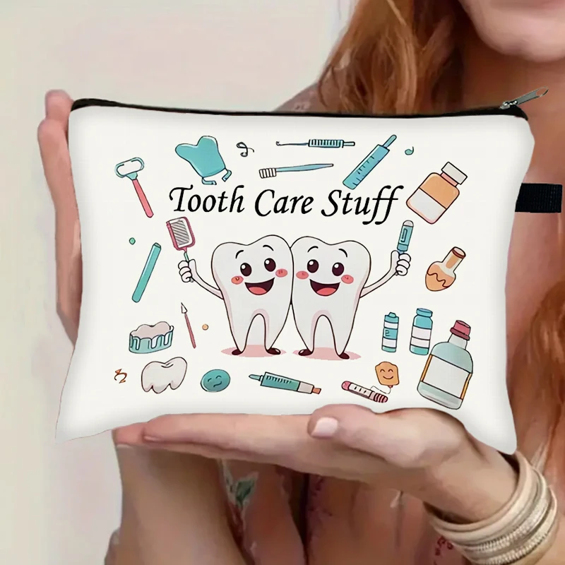 Cute Tooth Care Graphic Print Cosmetic Case Women Makeup Bag Large Capacity Toiletries Bags Lipstick Storage Pouch