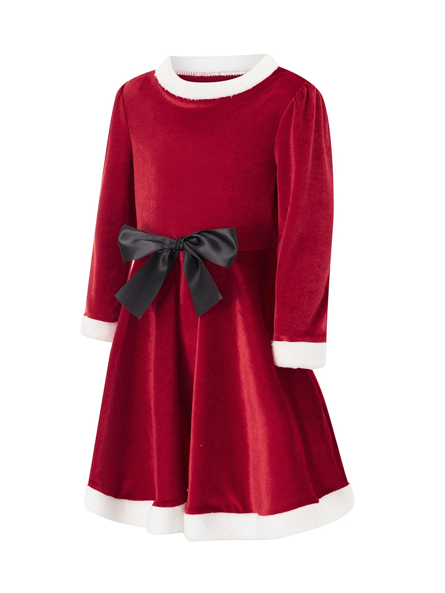 Kid Baby Girl Christmas Clothes Furry Red Velvet Princess Dress Faux Fur Patchwork Long Sleeve A-Line Dress with Belt