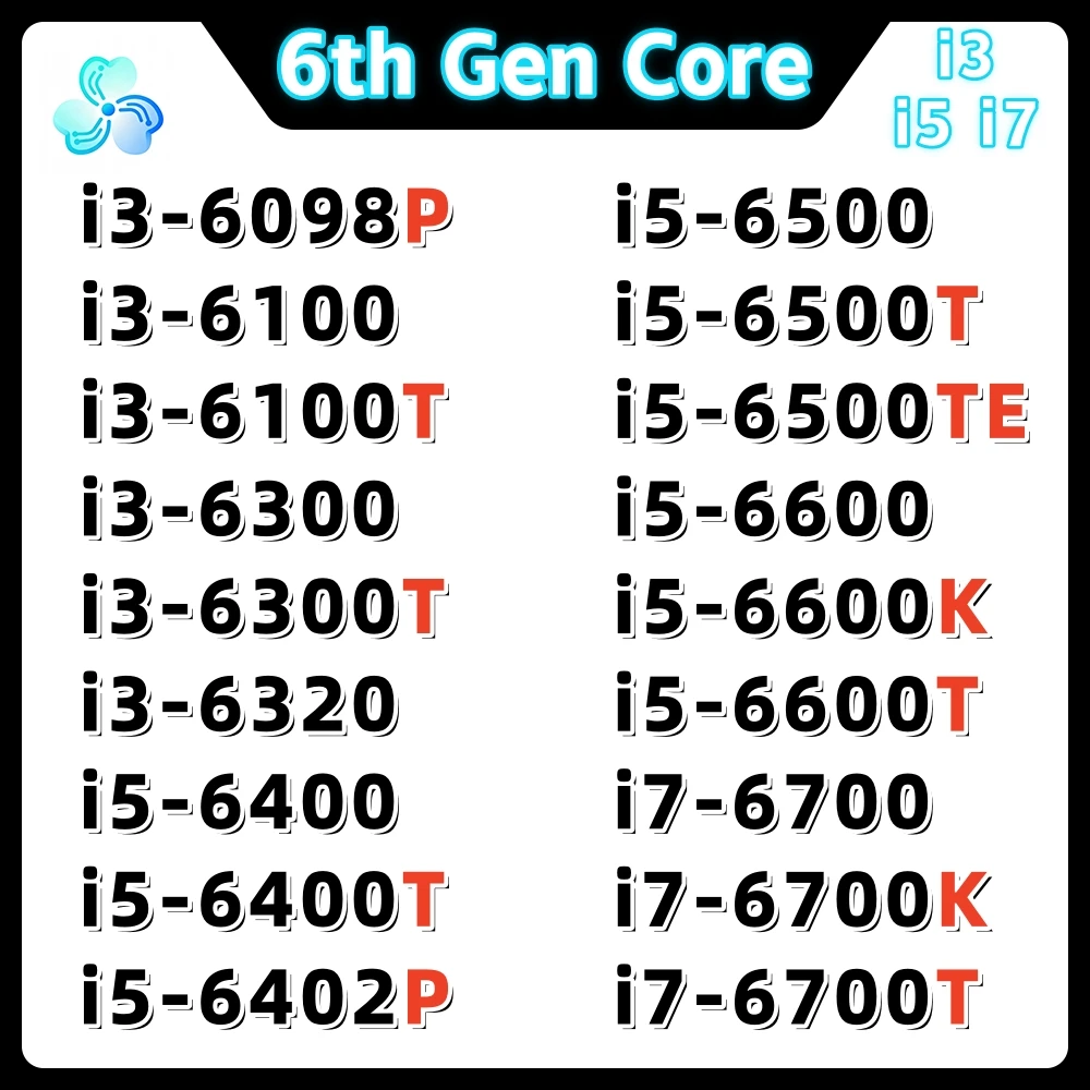 6th Gen Core CPU i3 6098P 6100 6100T 6300 6300T 6320 i5 6400 6400T 6402P 6500 6500T 6500TE 6600 6600K 6600T i7 6700 6700K 6700T view 2
